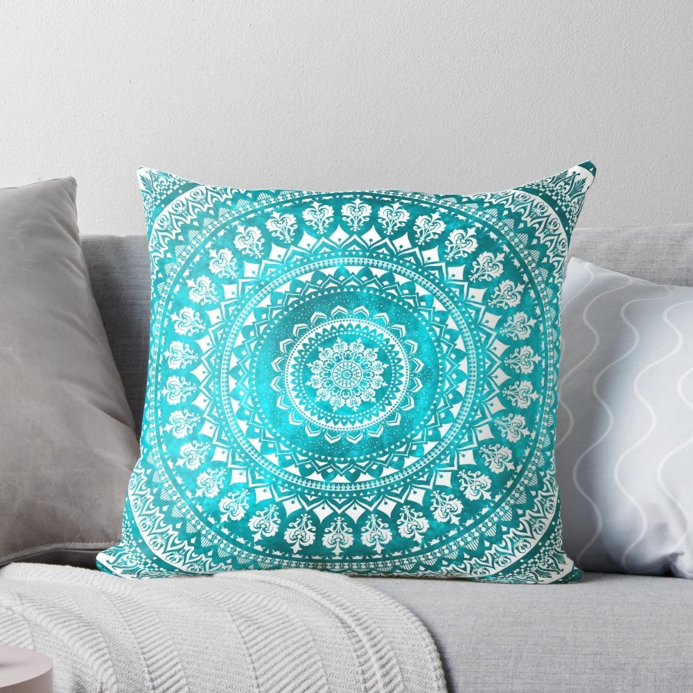 Mandala Turquoise Pillow with Tribal, Floral, and Cosmic Patterns
