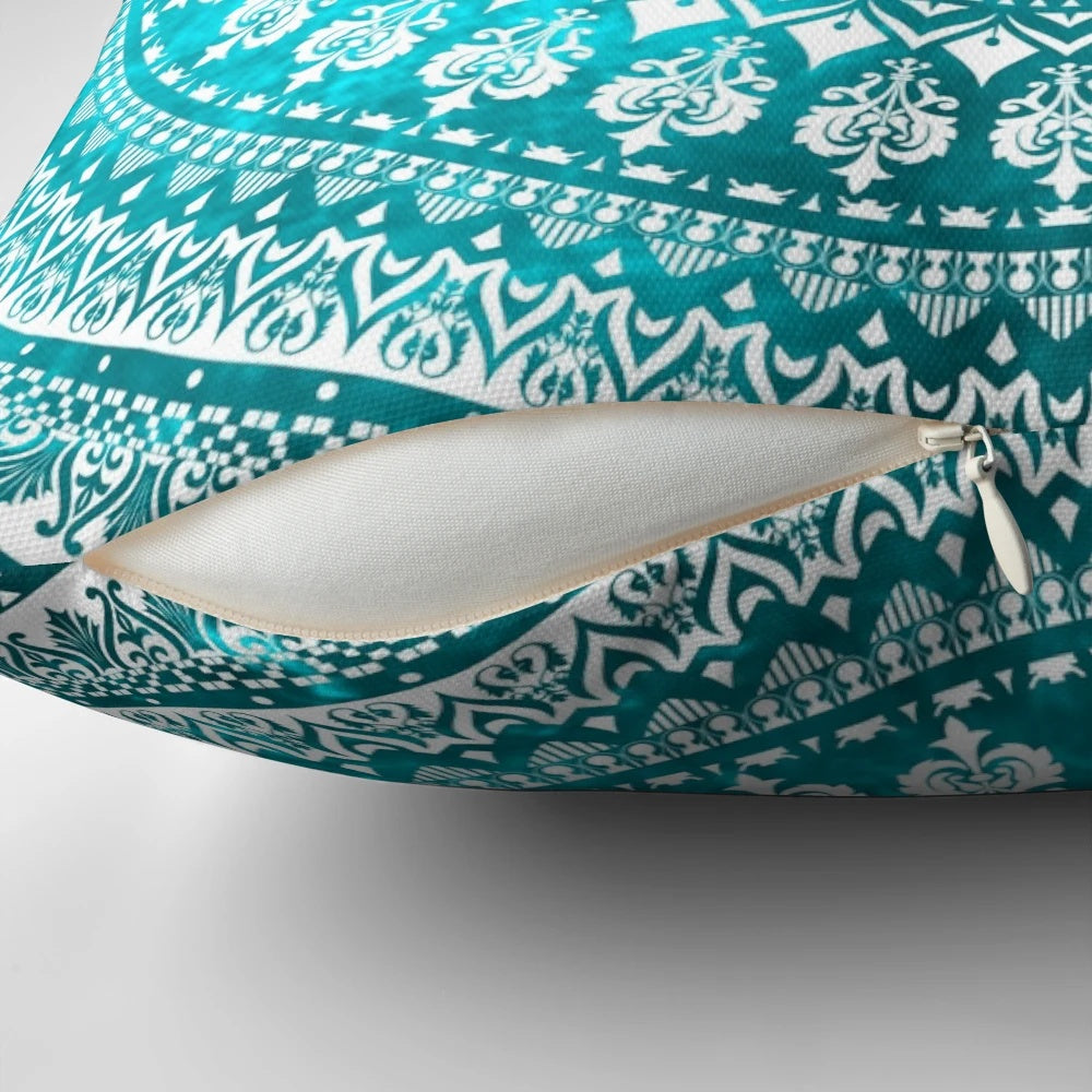 Mandala Turquoise Pillow with Tribal, Floral, and Cosmic Patterns