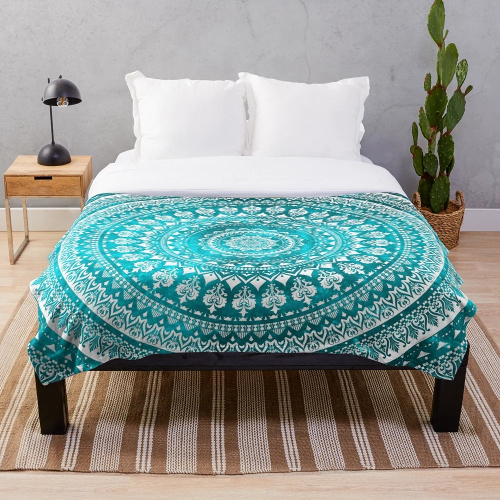 Mandala Turquoise Plush Blanket with Boho-Chic Design