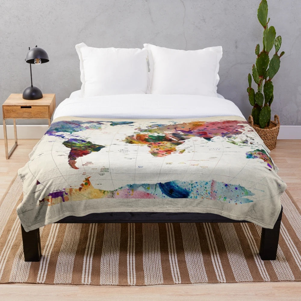 Colorful and abstract world map design plush blanket