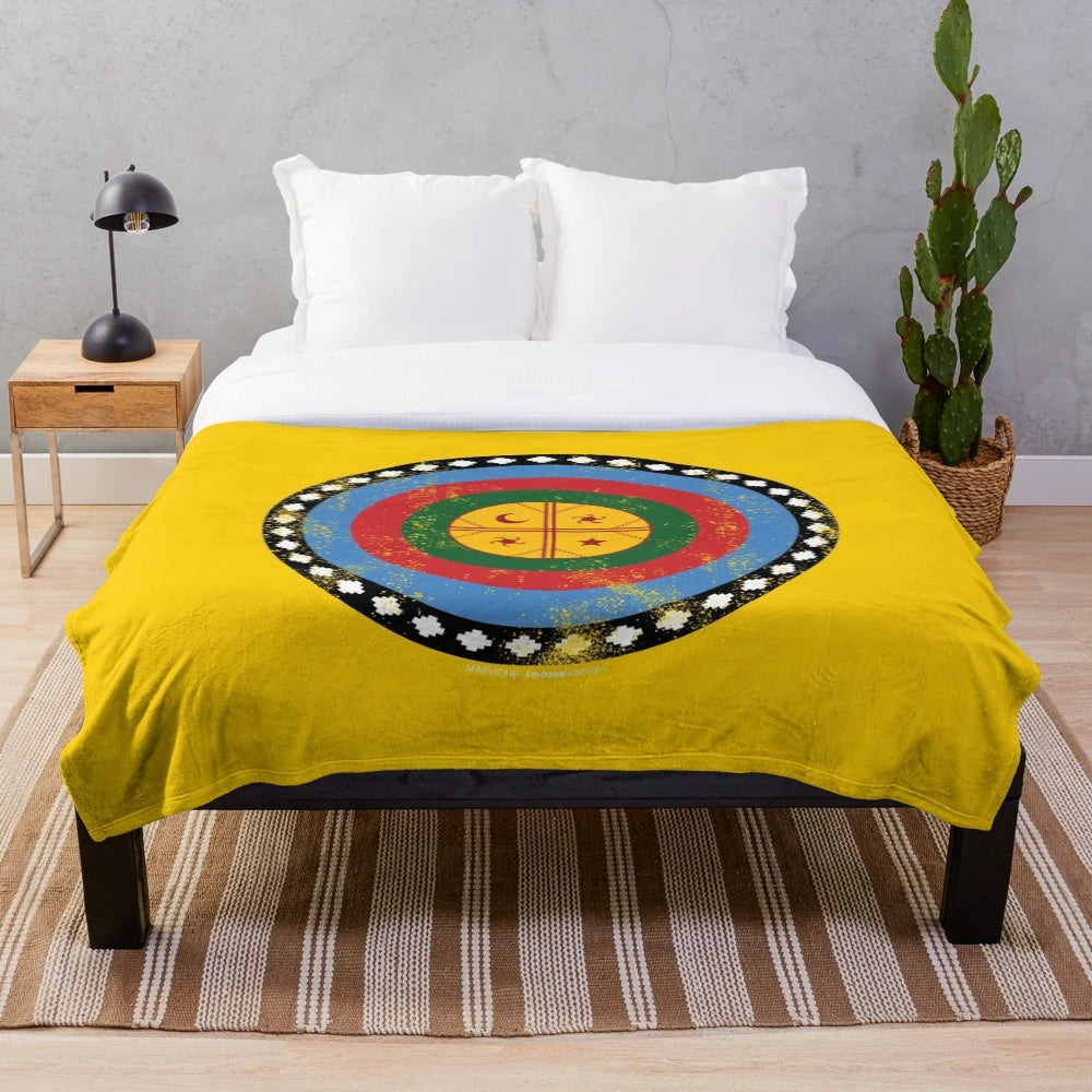 Mapuche-inspired graphic plush blanket showcasing Chilean indigenous culture
