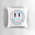 A colorful marble-patterned pillow with a happy smiley face design, perfect for adding a touch of whimsy to any space.