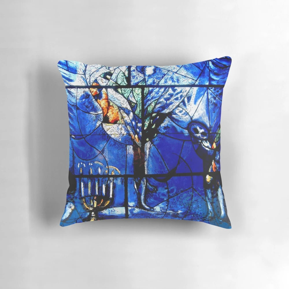 Colorful Marc Chagall inspired stained glass panel design on a soft, comfortable pillow.
