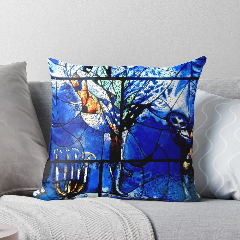 Colorful Marc Chagall inspired stained glass panel design on a soft, comfortable pillow.