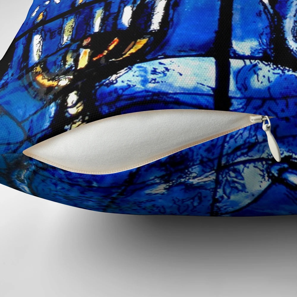 Colorful Marc Chagall inspired stained glass panel design on a soft, comfortable pillow.