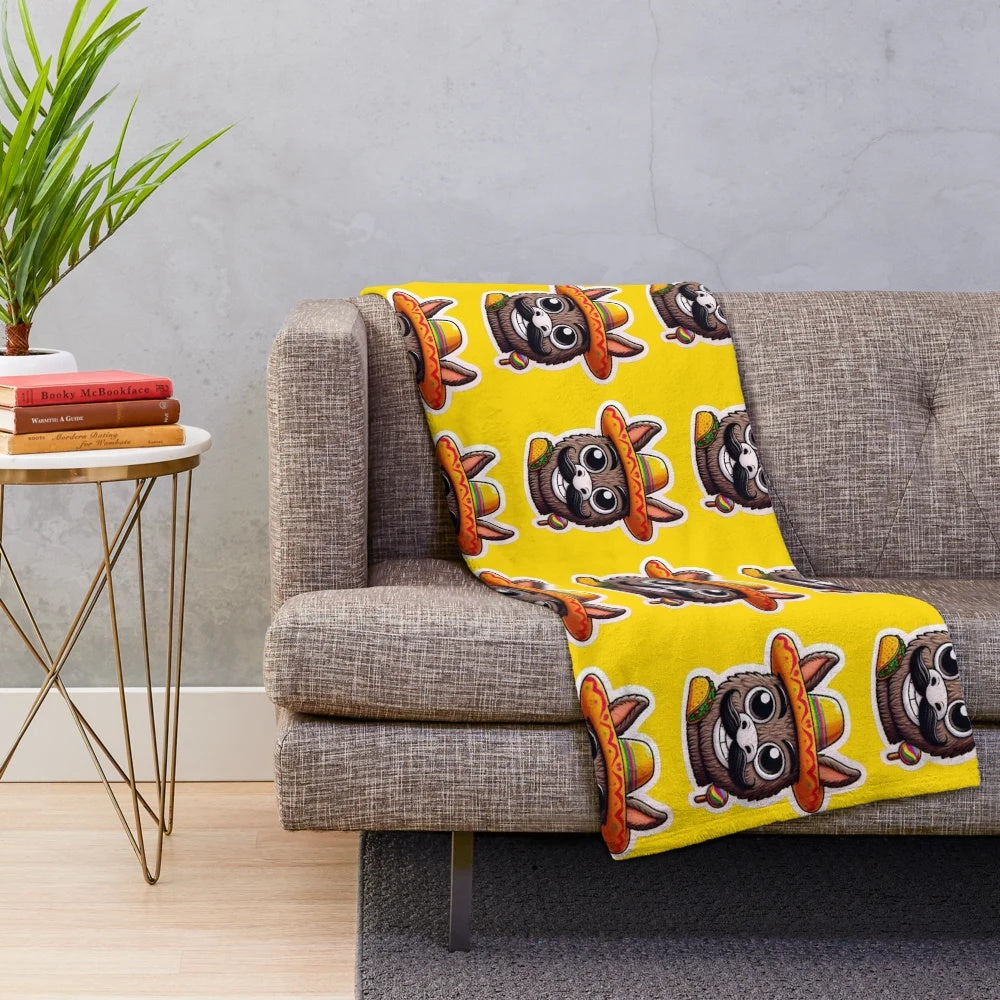 Colorful plush blanket featuring a playful mariachi piñata design