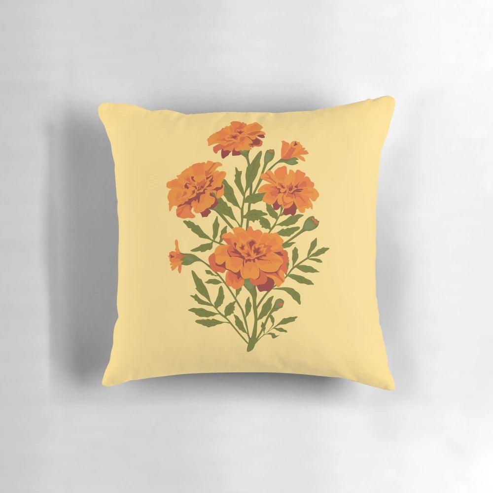 Marigold flowers blooming in a lush, botanical design on a decorative throw pillow