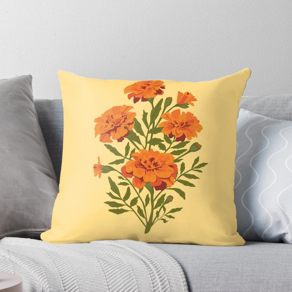Marigold flowers blooming in a lush, botanical design on a decorative throw pillow