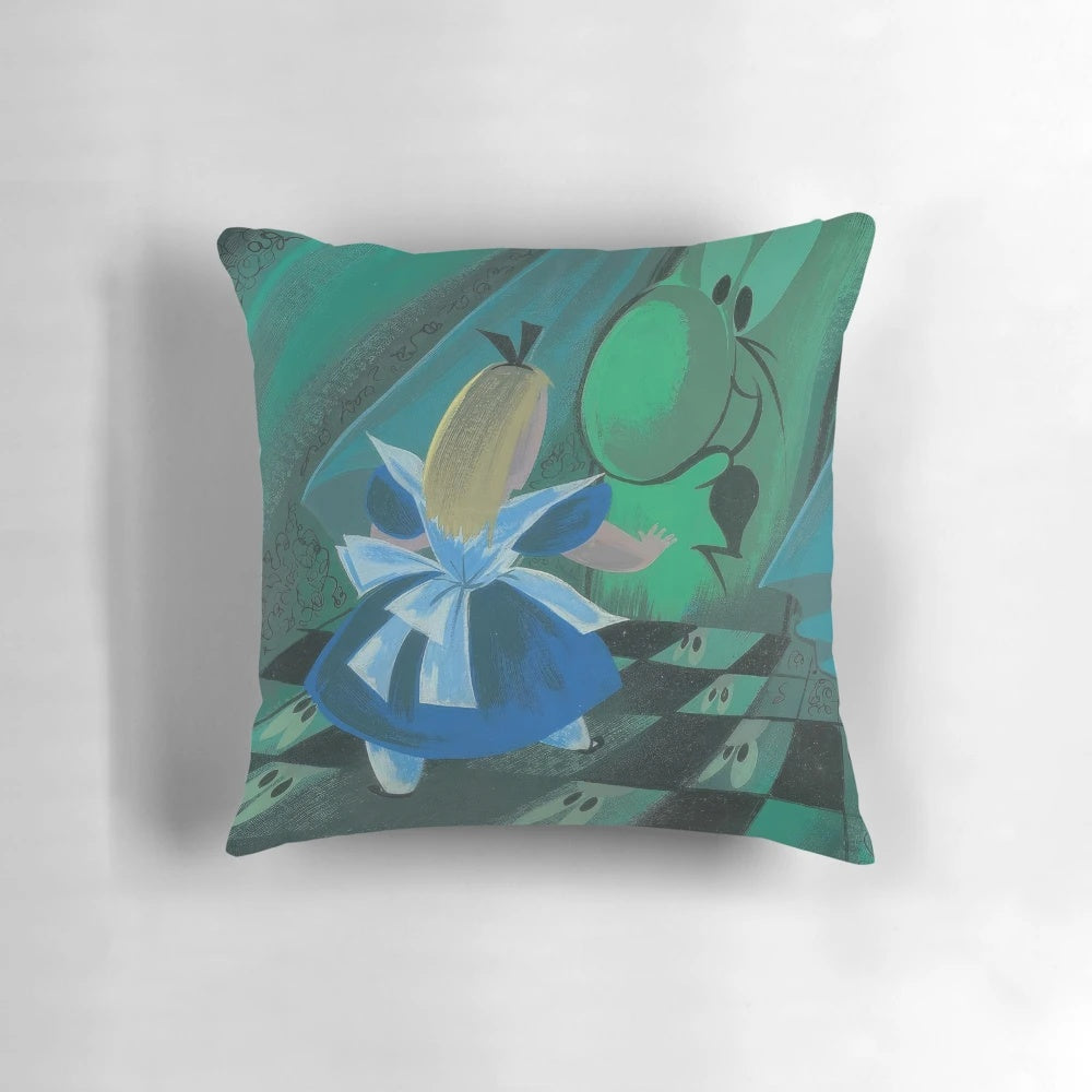 Colorful Mary Blair-inspired pillow featuring whimsical Disney characters and designs