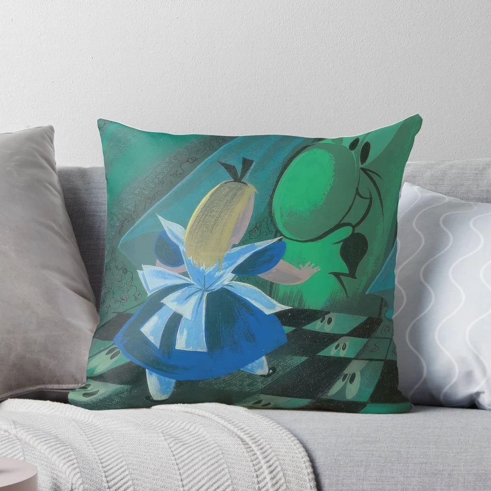 Colorful Mary Blair-inspired pillow featuring whimsical Disney characters and designs