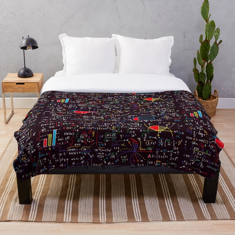 Colorful math formulas plush blanket with blackboard style drawings