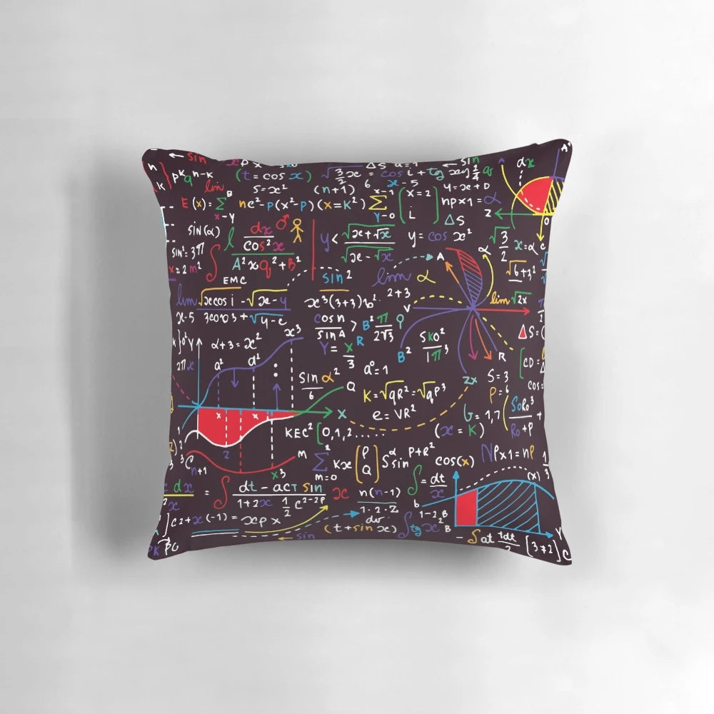 Colorful decorative pillow with mathematical formulas and equations, ideal for math lovers and geeks.