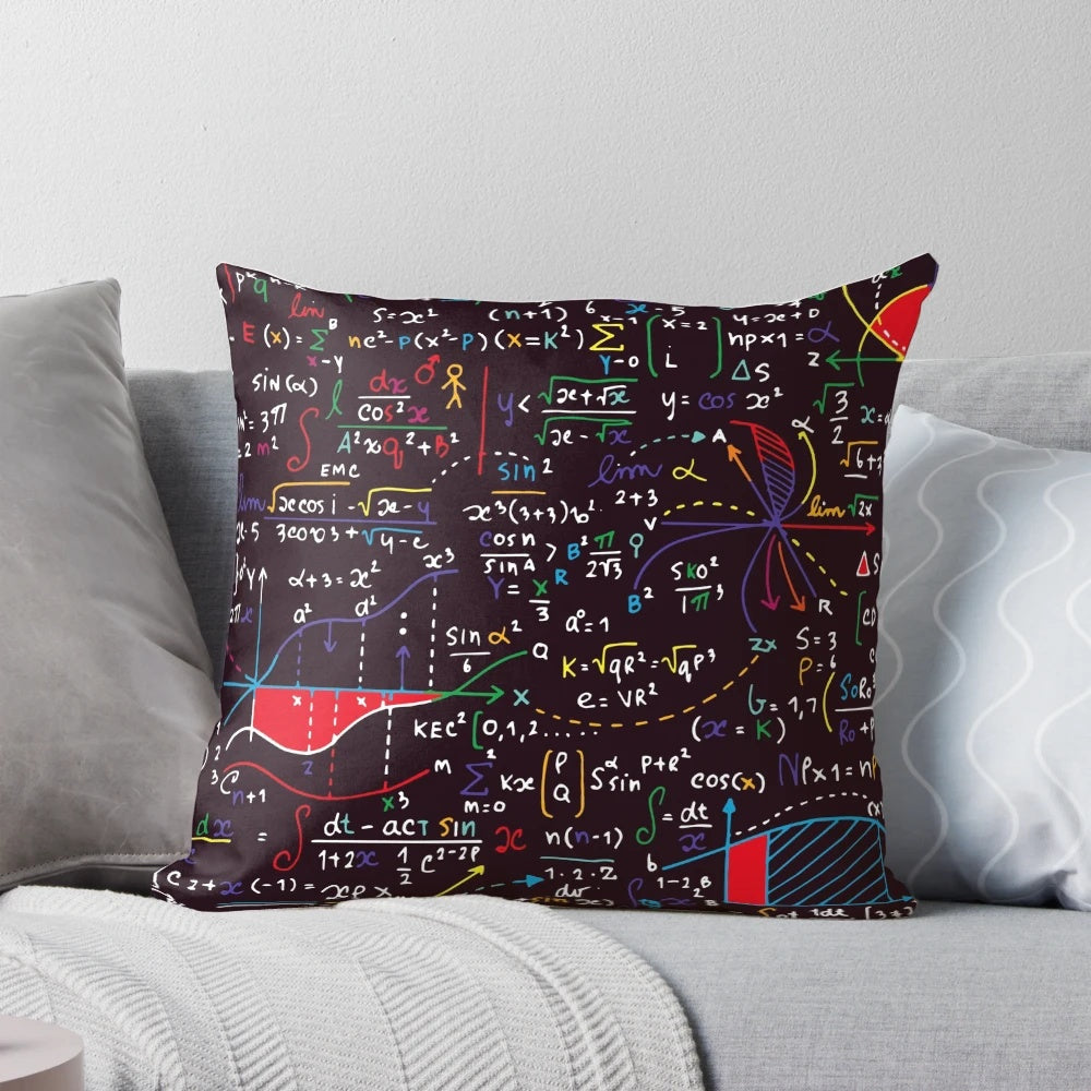 Colorful decorative pillow with mathematical formulas and equations, ideal for math lovers and geeks.
