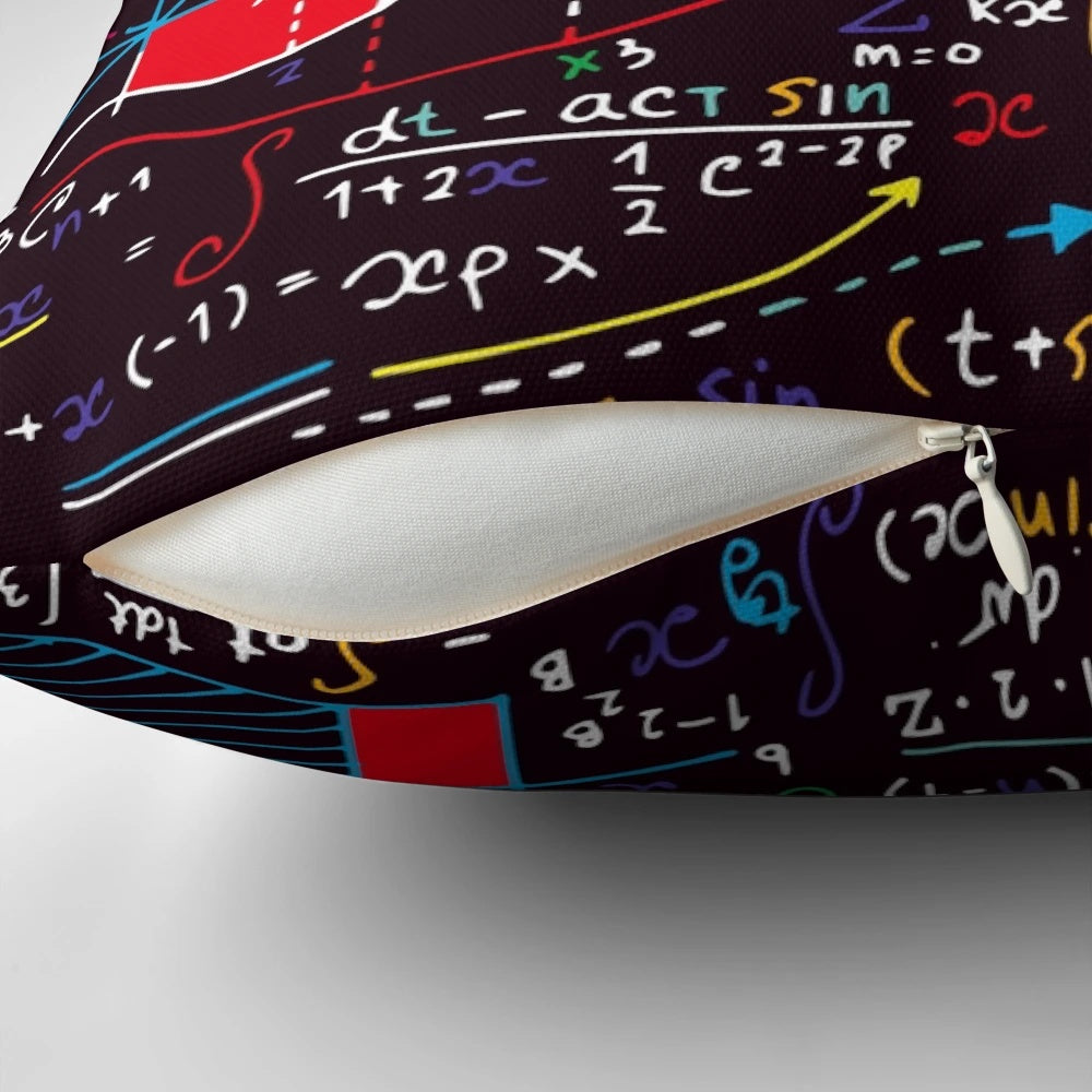 Colorful decorative pillow with mathematical formulas and equations, ideal for math lovers and geeks.
