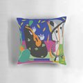 A vibrant, abstract decorative pillow featuring a Matisse-inspired cut out collage design with colorful triangular shapes.