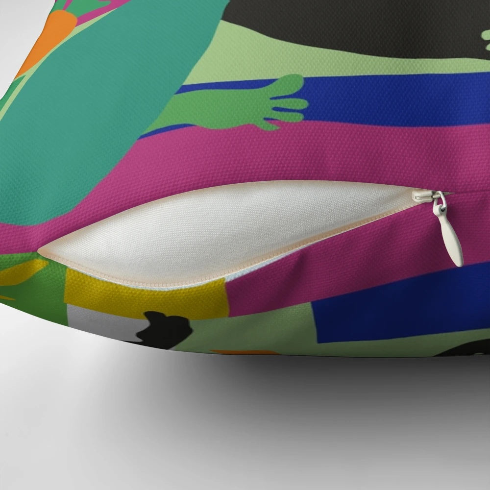 A vibrant, abstract decorative pillow featuring a Matisse-inspired cut out collage design with colorful triangular shapes.