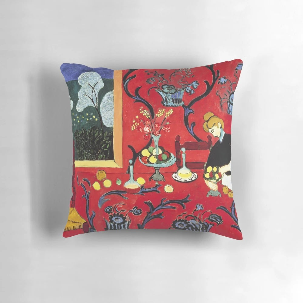 Decorative pillow featuring a design inspired by Matisse's The Red Room painting
