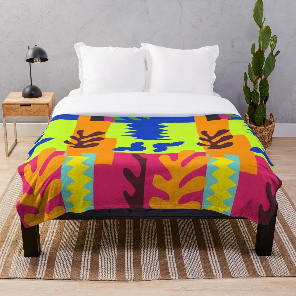 Matisse inspired abstract plush blanket with geometric shapes and bright neon colors