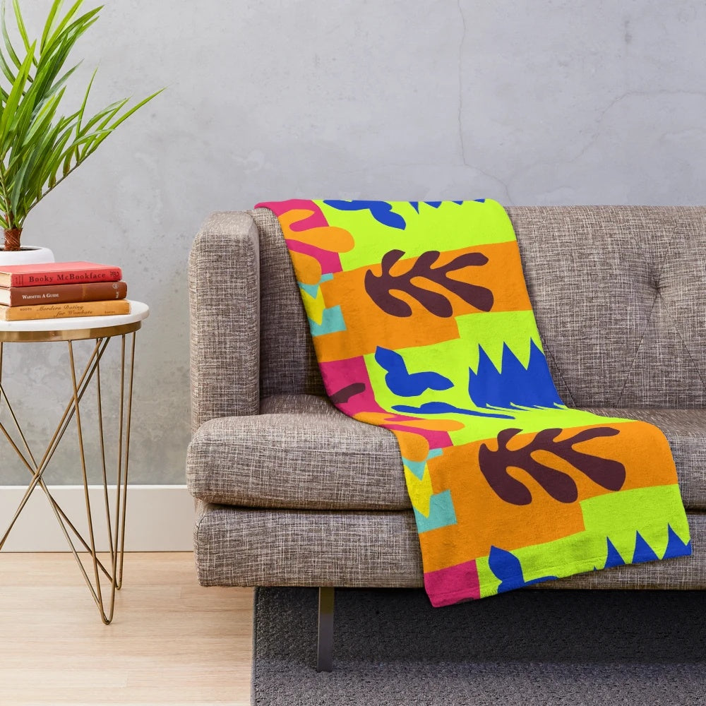 Matisse inspired abstract plush blanket with geometric shapes and bright neon colors