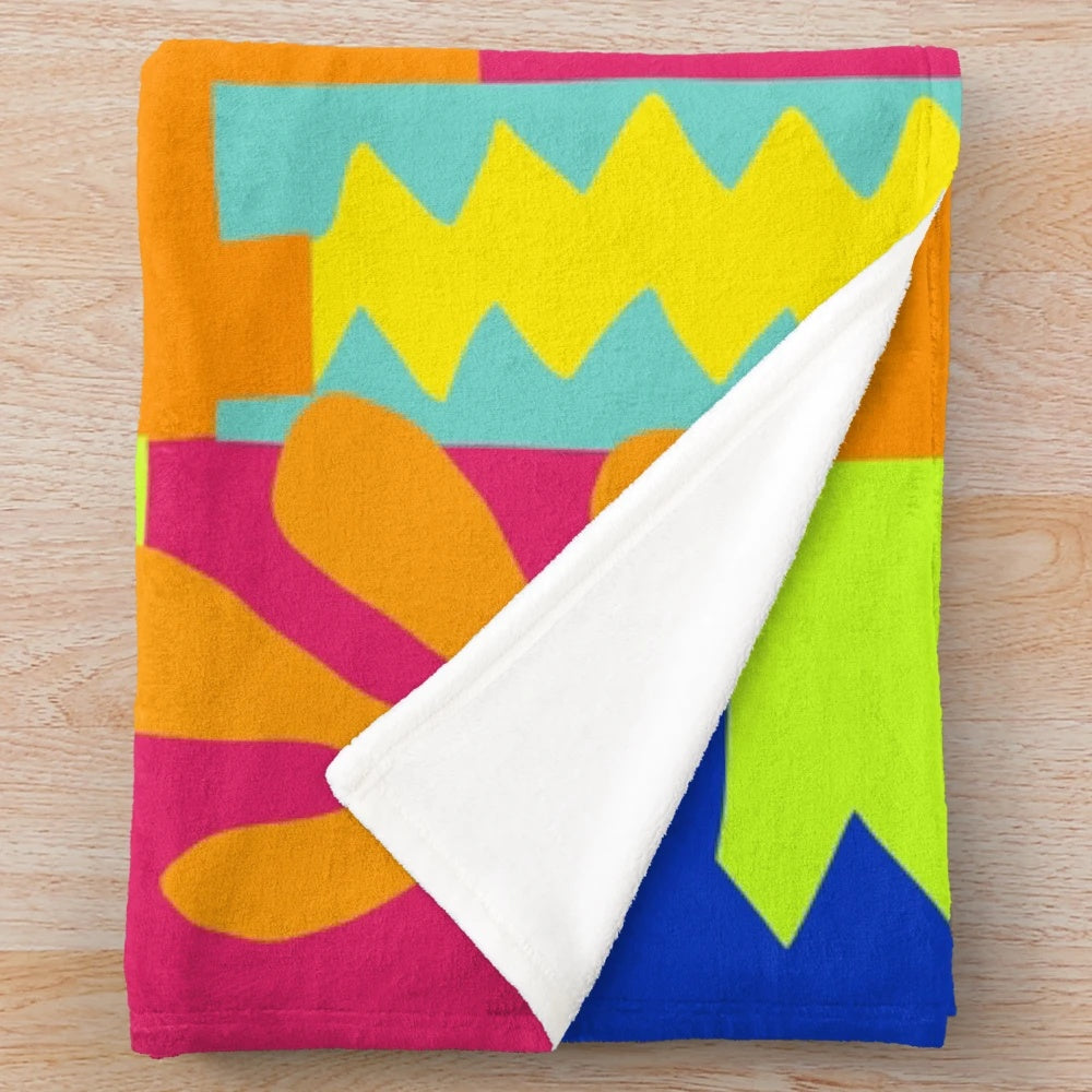 Matisse inspired abstract plush blanket with geometric shapes and bright neon colors