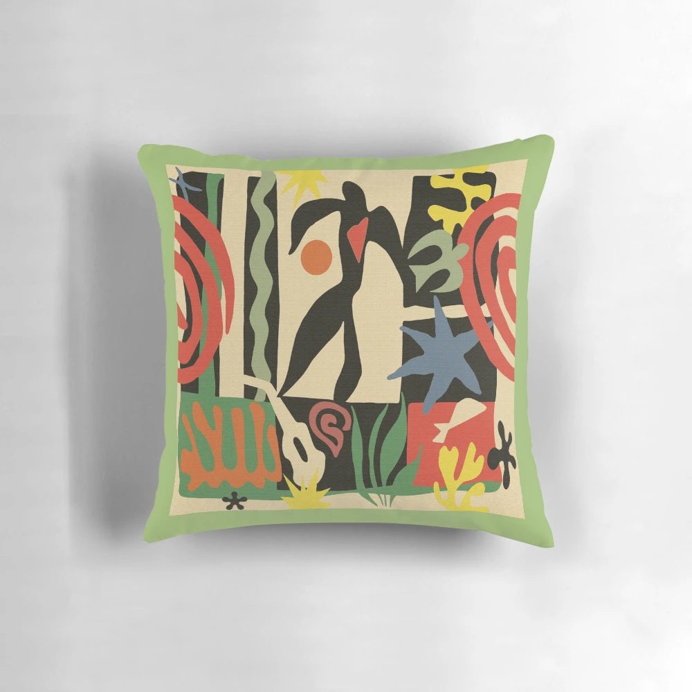 Decorative throw pillow featuring a colorful, abstract Matisse-inspired design
