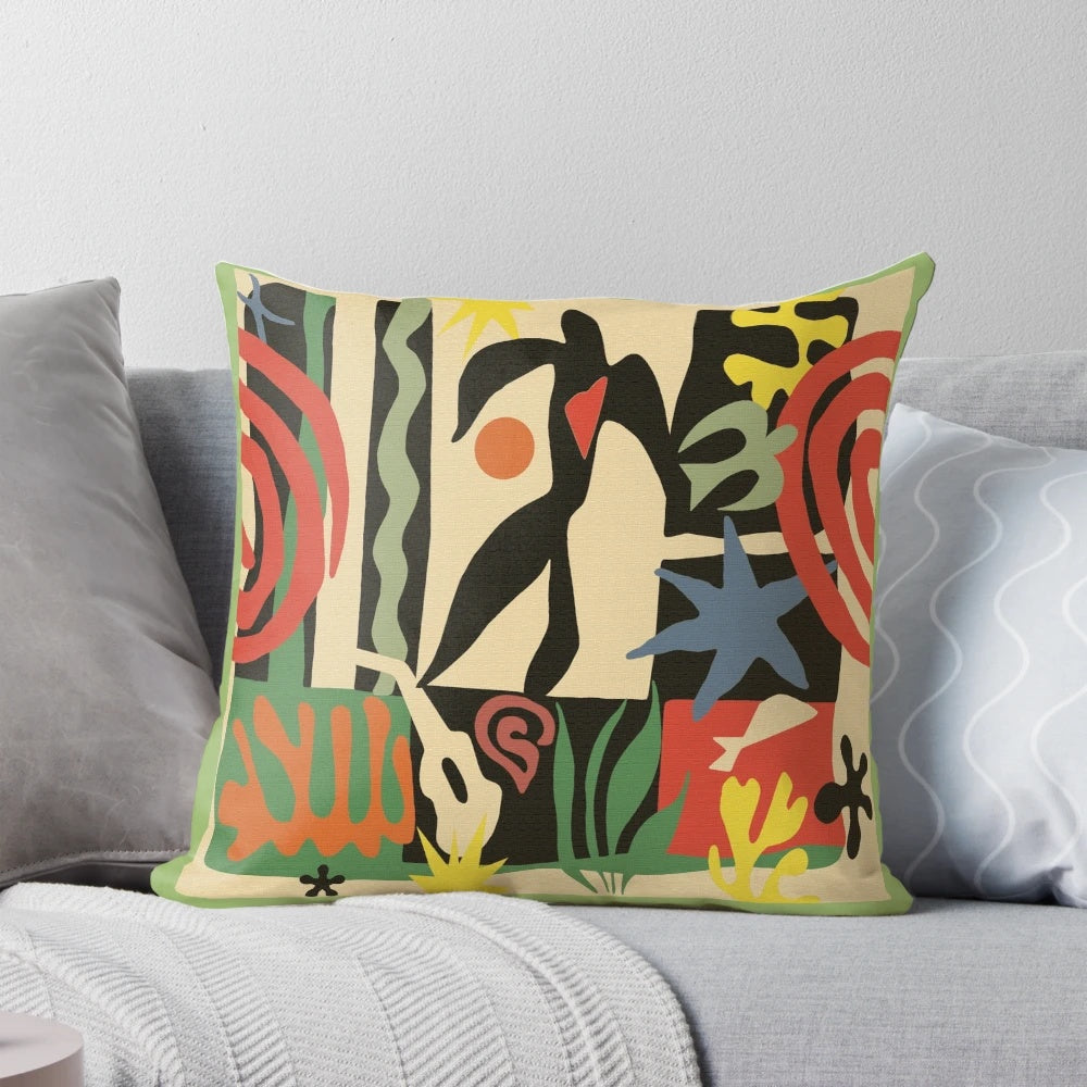 Decorative throw pillow featuring a colorful, abstract Matisse-inspired design