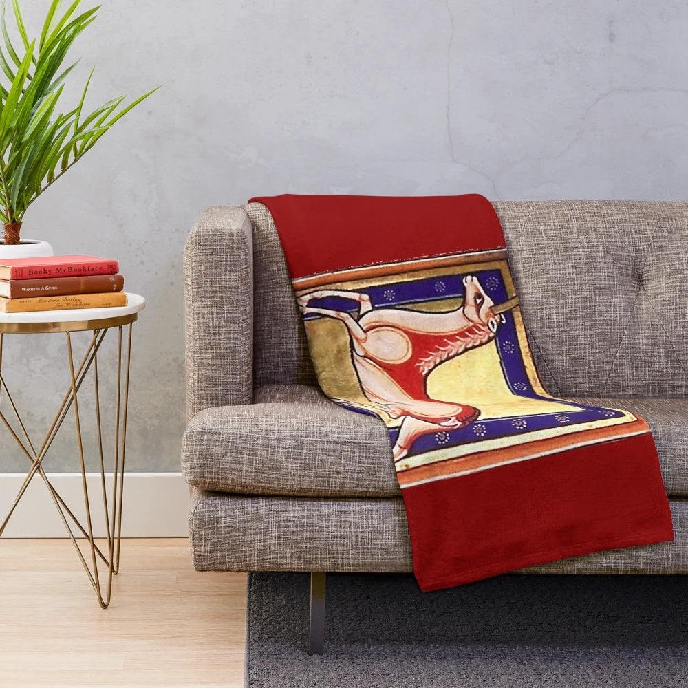 Stylized unicorn plush blanket inspired by medieval bestiaries
