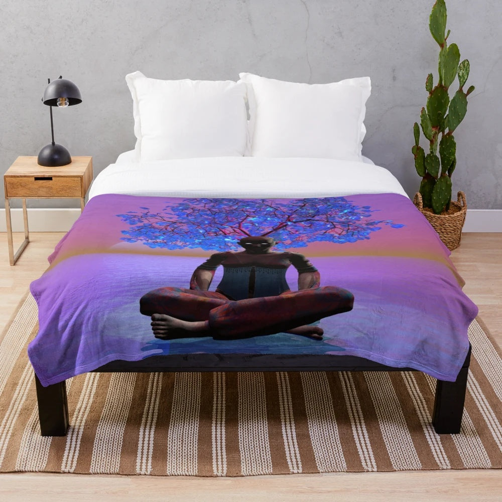 Meditation tree plush blanket with abstract floral patterns