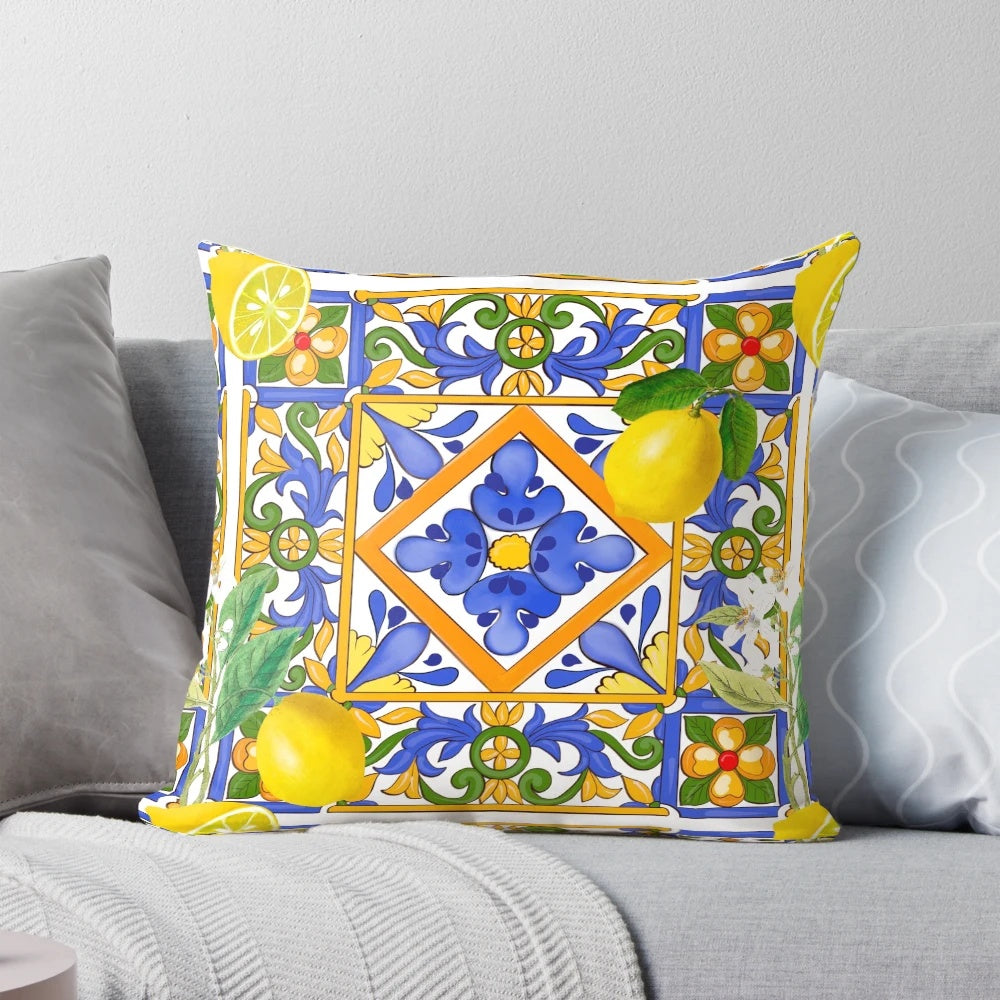 Colorful Mediterranean-inspired pillow featuring a Sicilian tile and citrus fruit pattern