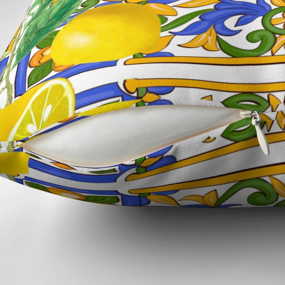 Colorful Mediterranean-inspired pillow featuring a Sicilian tile and citrus fruit pattern
