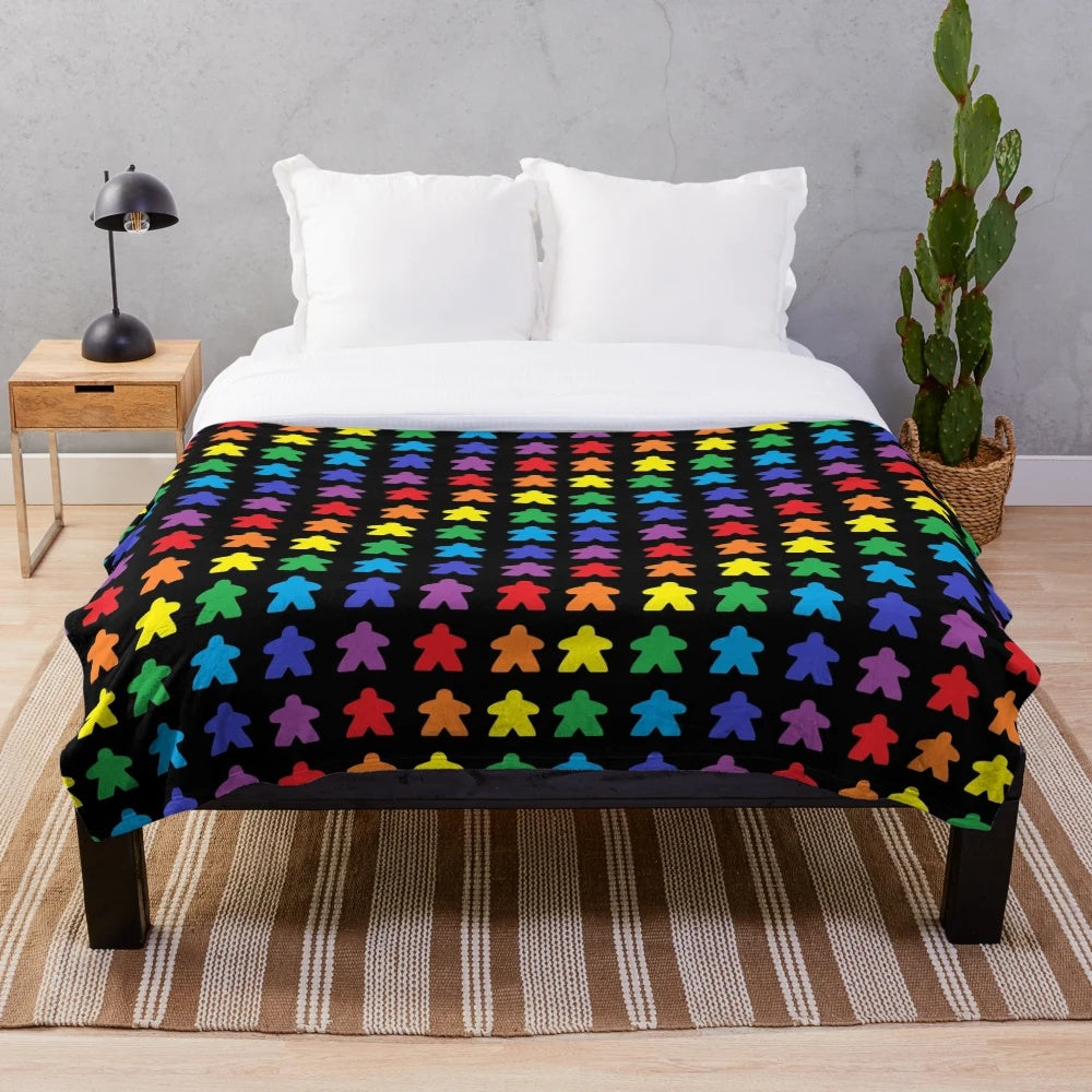 Colorful meeple pattern plush blanket for tabletop gaming