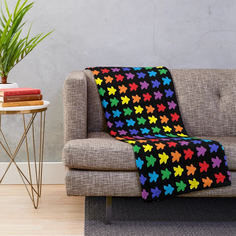 Colorful meeple pattern plush blanket for tabletop gaming