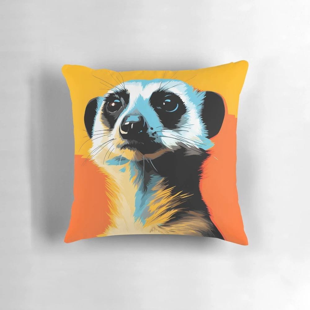 Colorful meerkat portrait art printed on a soft, plush throw pillow
