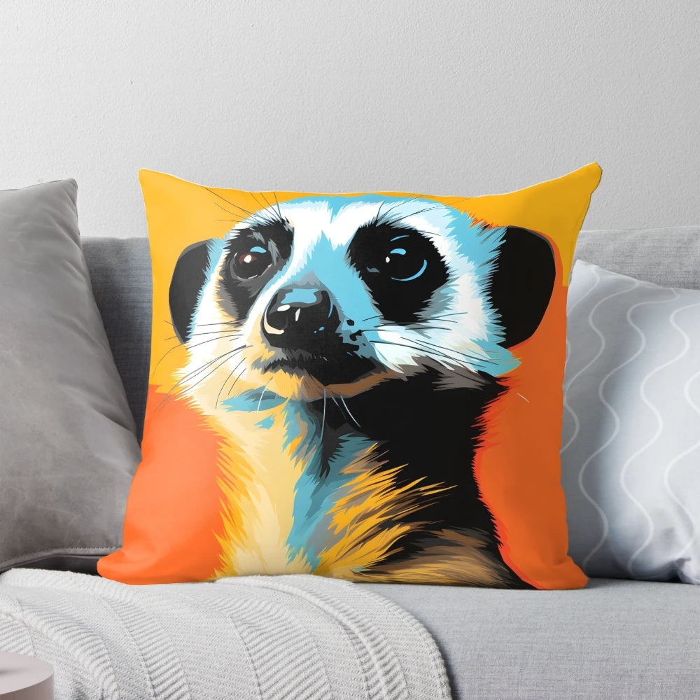 Colorful meerkat portrait art printed on a soft, plush throw pillow