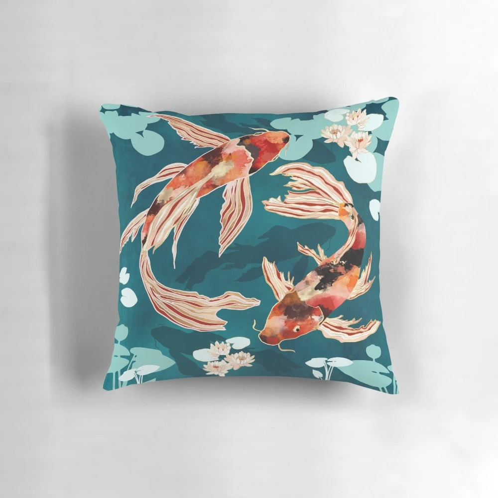 Metallic koi fish design on a decorative throw pillow for contemporary home accents