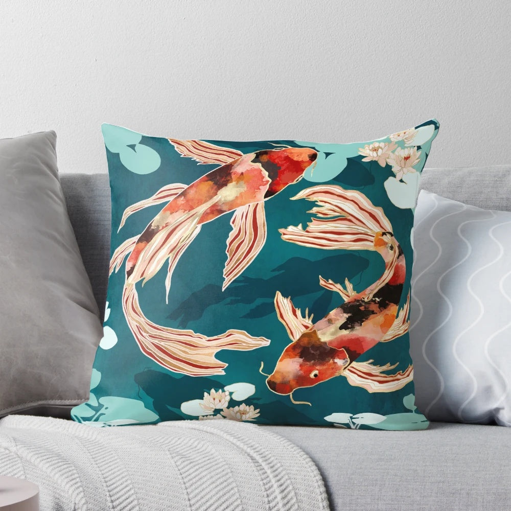 Metallic koi fish design on a decorative throw pillow for contemporary home accents