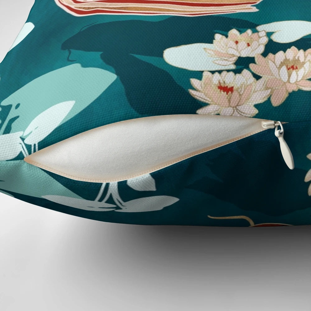 Metallic koi fish design on a decorative throw pillow for contemporary home accents