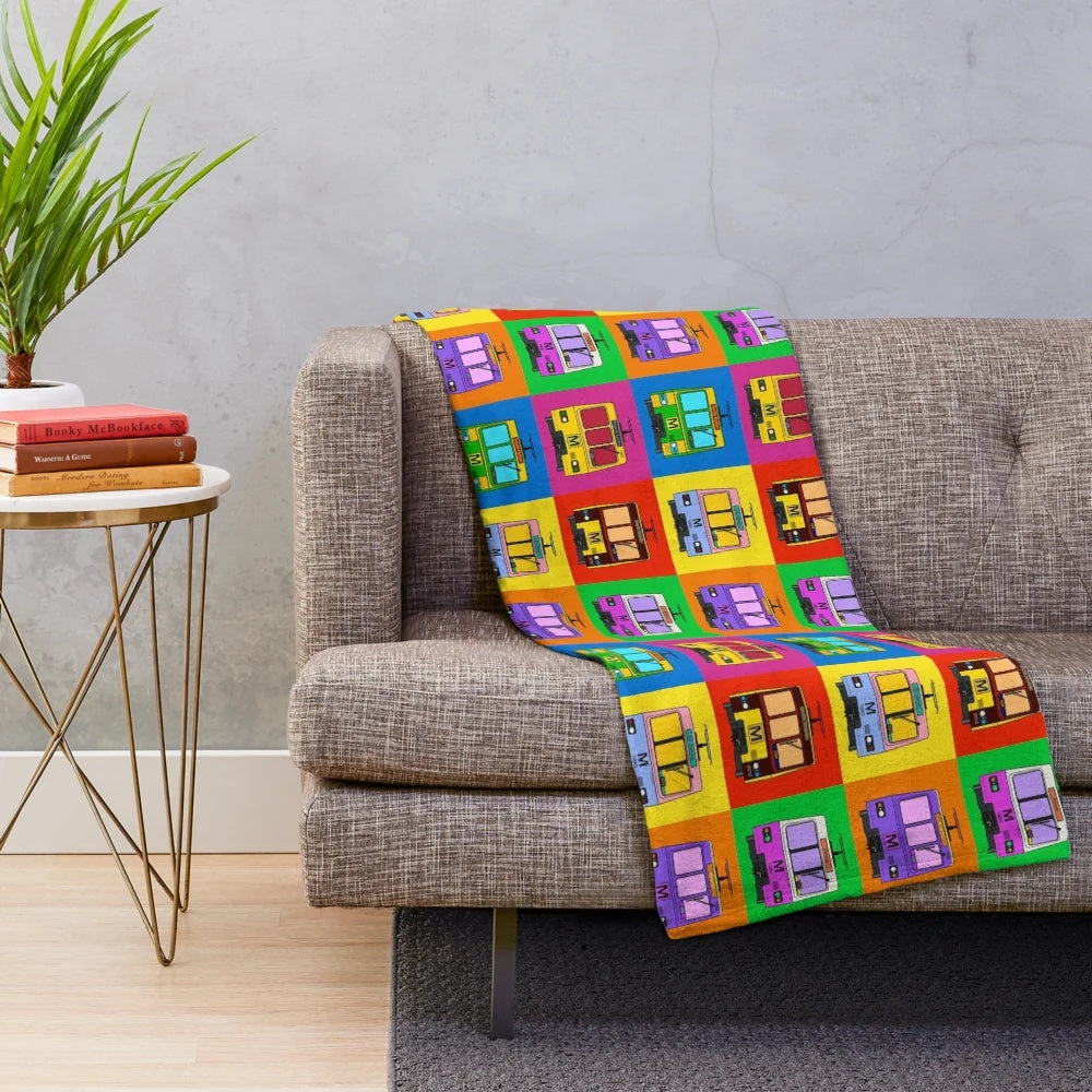 Colorful pop art design plush blanket inspired by the Tyne and Wear Metro system