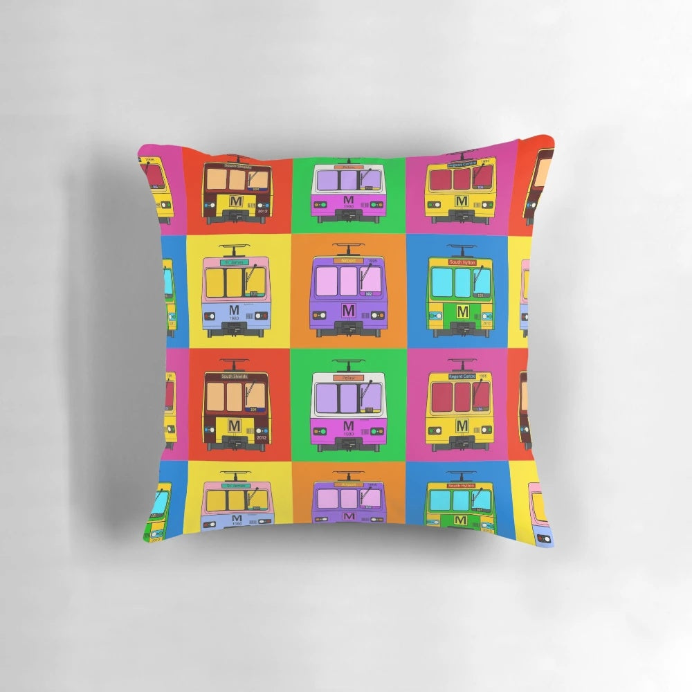 Colorful pop art design pillow featuring the Tyne and Wear metro system in Newcastle, England