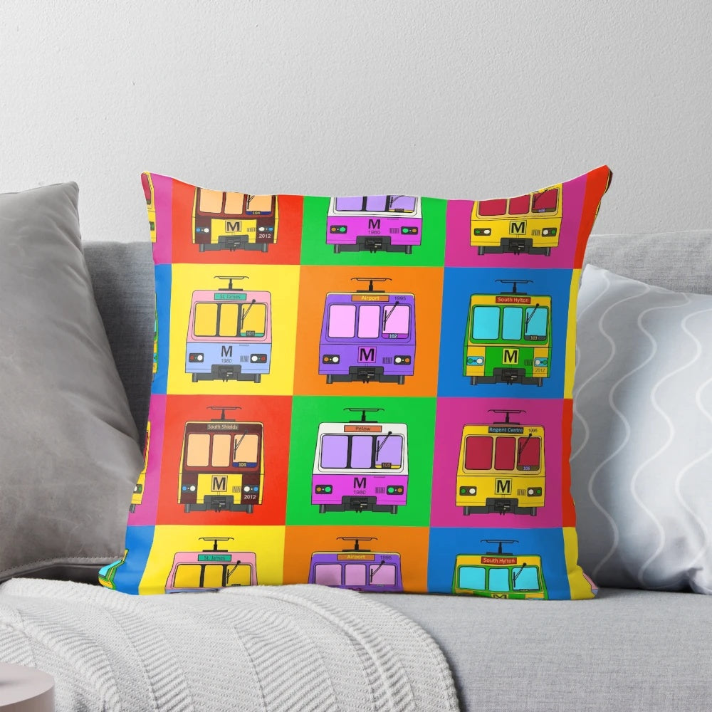 Colorful pop art design pillow featuring the Tyne and Wear metro system in Newcastle, England