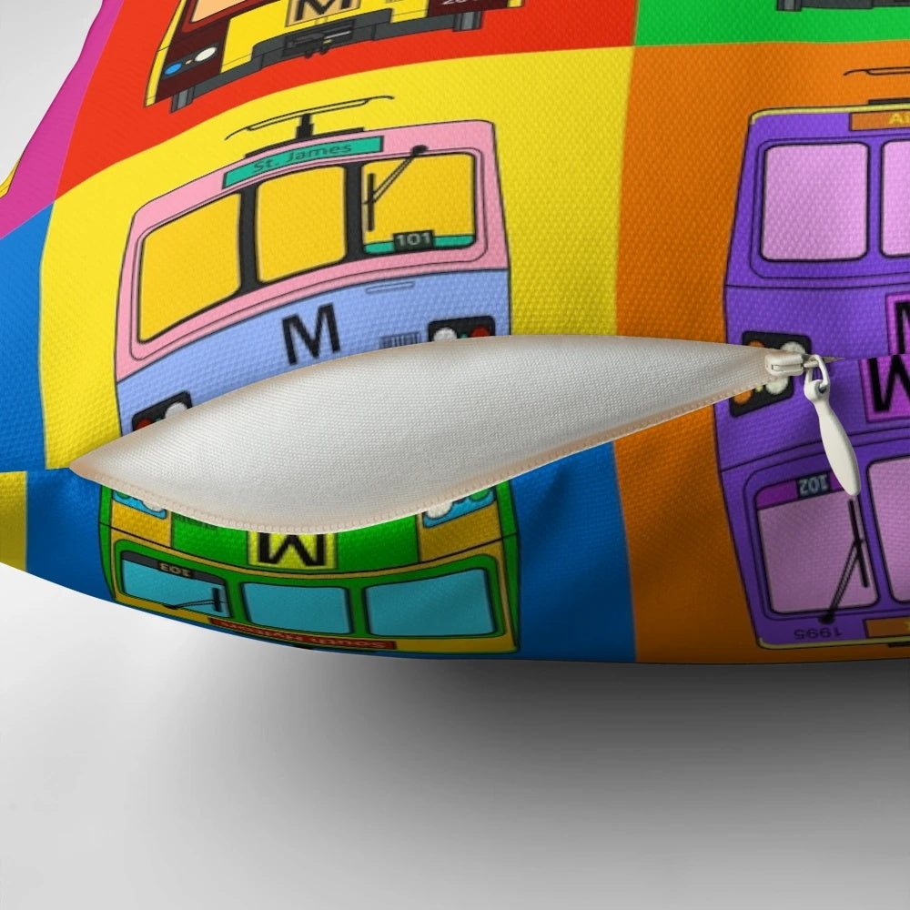 Colorful pop art design pillow featuring the Tyne and Wear metro system in Newcastle, England