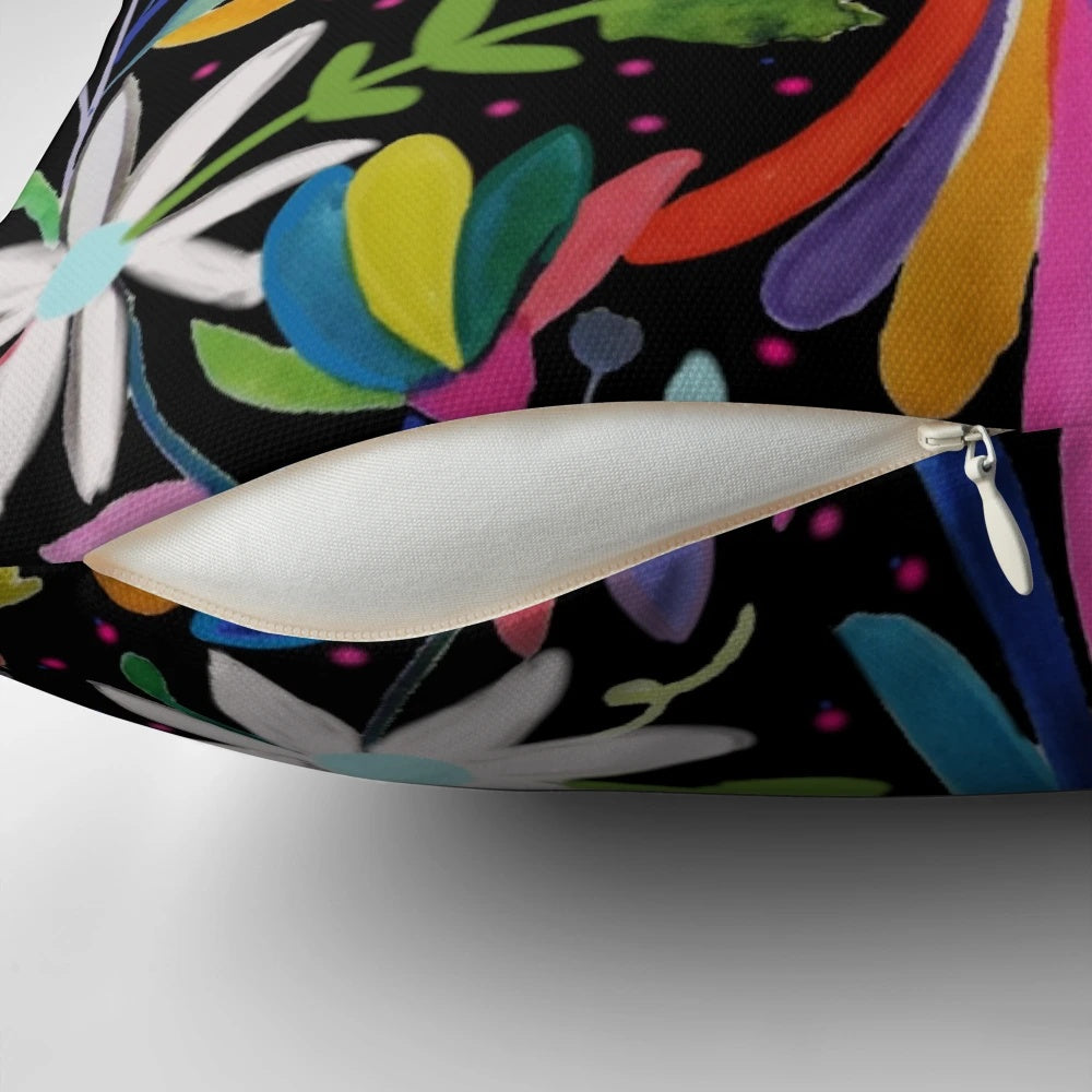 Colorful, handmade Mexican embroidered pillow with a unique, ethnic design.