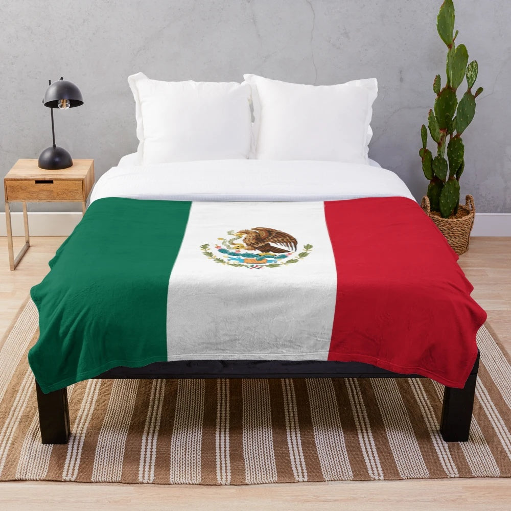 Mexican flag plush blanket with green, white, and red colors, and an eagle design