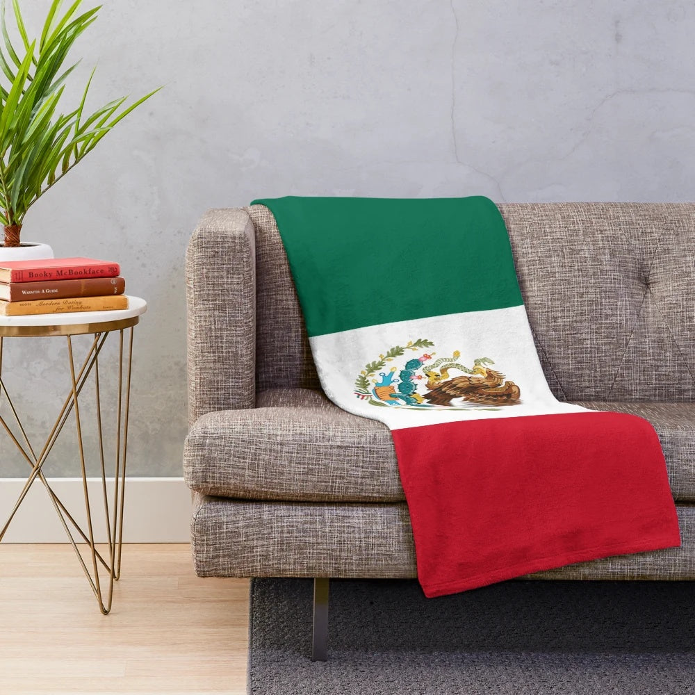 Mexican flag plush blanket with green, white, and red colors, and an eagle design