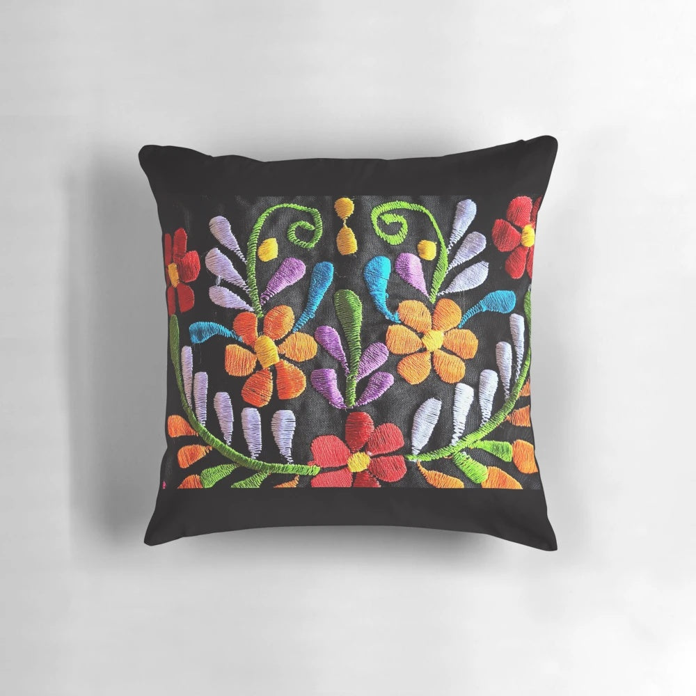 Colorful floral pillow with Mexican-inspired designs