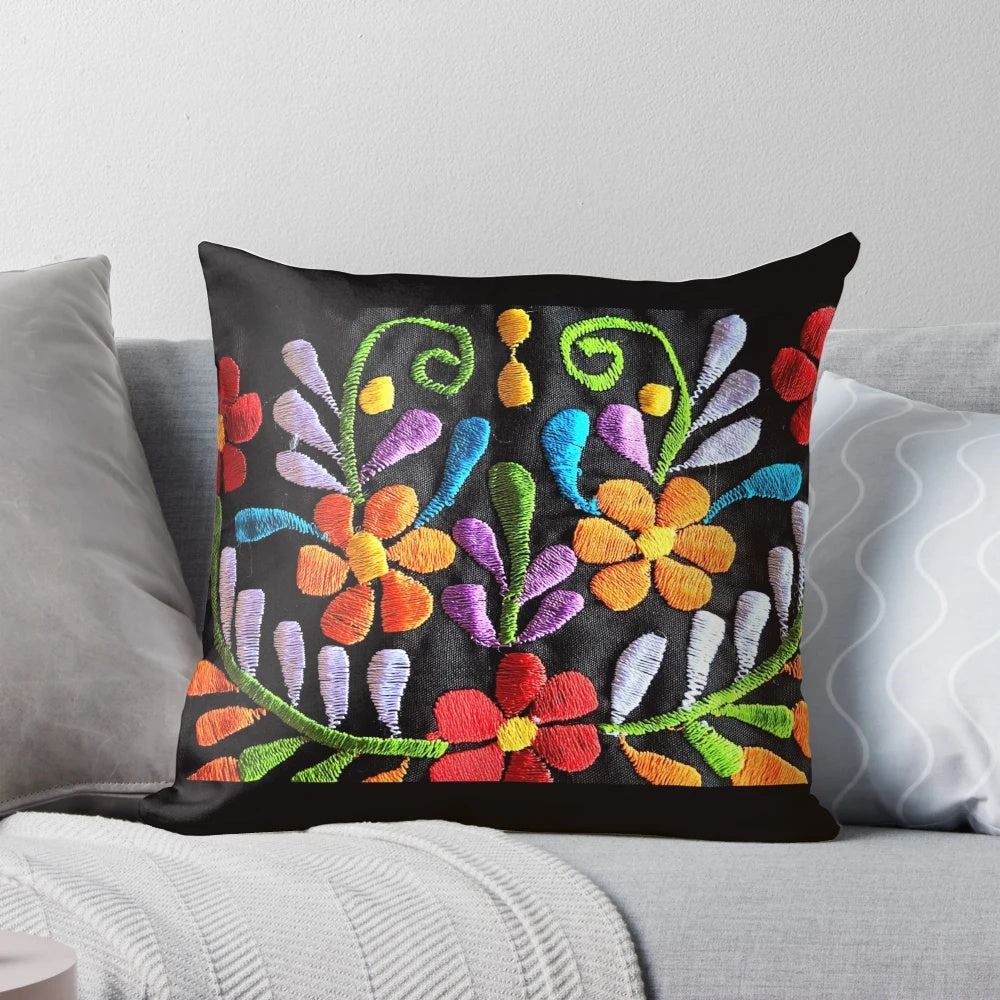 Colorful floral pillow with Mexican-inspired designs