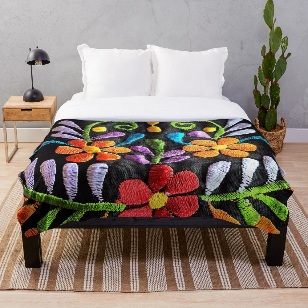 Vibrant Mexican flowers pattern plush blanket