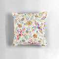 Colorful throw pillow featuring a seamless, ornate Mexican-inspired pattern with birds and floral elements.