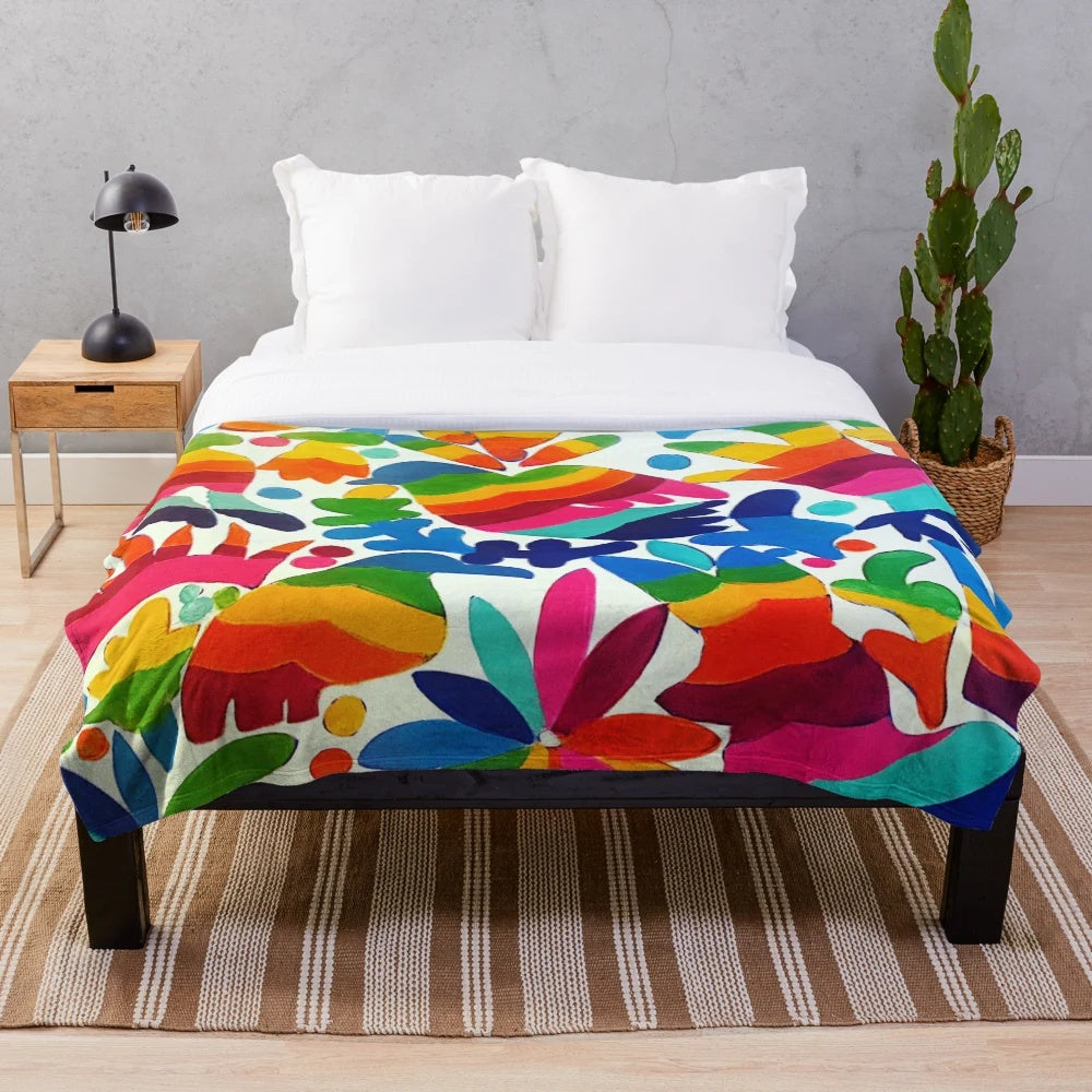 Colorful Mexican-inspired otomi pattern plush blanket