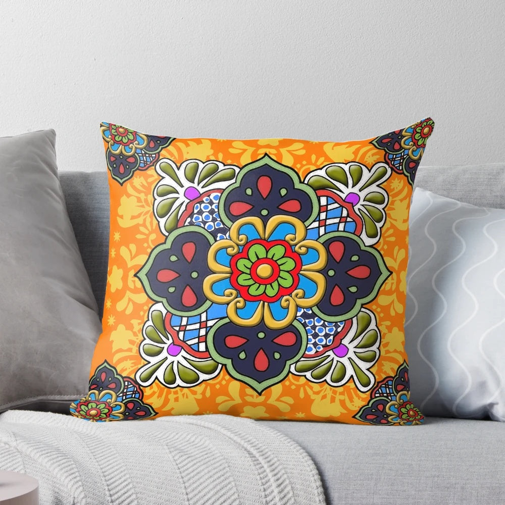 Vibrant Mexican Talavera flower pattern decorative throw pillow for home decor